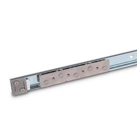 GN 1490 Steel Cam Roller Linear Guide Rail Systems, with Interior Travel Path Type: A5 - With one cam roller carriage with 5 rollers<br />Identification no.: 1 - With one end stop<br />Finish: ZB - Zinc plated, blue passivated finish