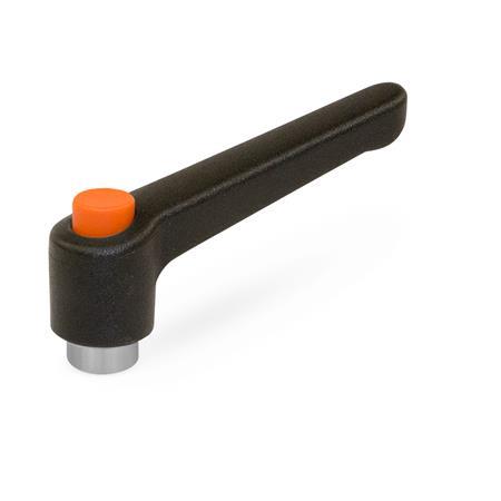 WN 303.1 Manettes indexables en plastique nylon avec bouton-poussoir, à alésage taraudé ou borgne avec composants en inox Couleur de la poignée: SW - Noir, RAL 9005, finition texturée
Push Button Color: O - Orange, RAL 2004