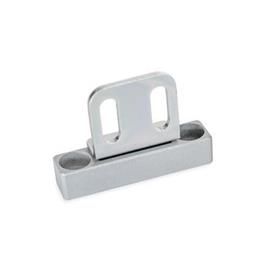 GN 4470 Neodymium-Iron-Boron Magnetic Catches, Housing Zinc Die-Cast, with Rubberized Magnetic Surface Type: A1 - Magnetic surface top, with bore<br />Identification: L2 - With strike plate, L-profile, with slotted hole<br />Finish: SR - Silver, RAL 9006, textured finish