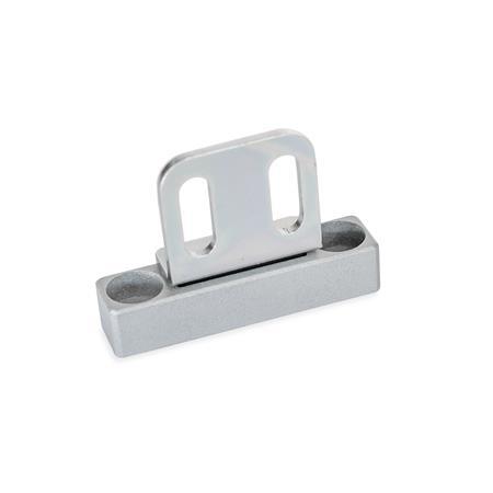 GN 4470 Neodymium, Iron, Boron Magnetic Catches, Housing Zinc Die-Cast, with Rubberized Magnetic Surface Type: A1 - Magnetic surface top, with bore
Identification: L2 - With strike plate, L-profile, with slotted hole
Finish: SR - Silver, RAL 9006, textured finish