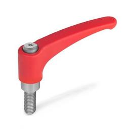 EN 602.1 Zinc Die-Cast Adjustable Levers, Ergostyle®, Threaded Stud Type, with Stainless Steel Components Color: RS - Red, RAL 3000, textured finish